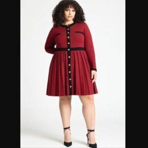 Eloquii Sweater Dress Womens 30/32 Plus Red Colorblock Pleated Midi Button Front